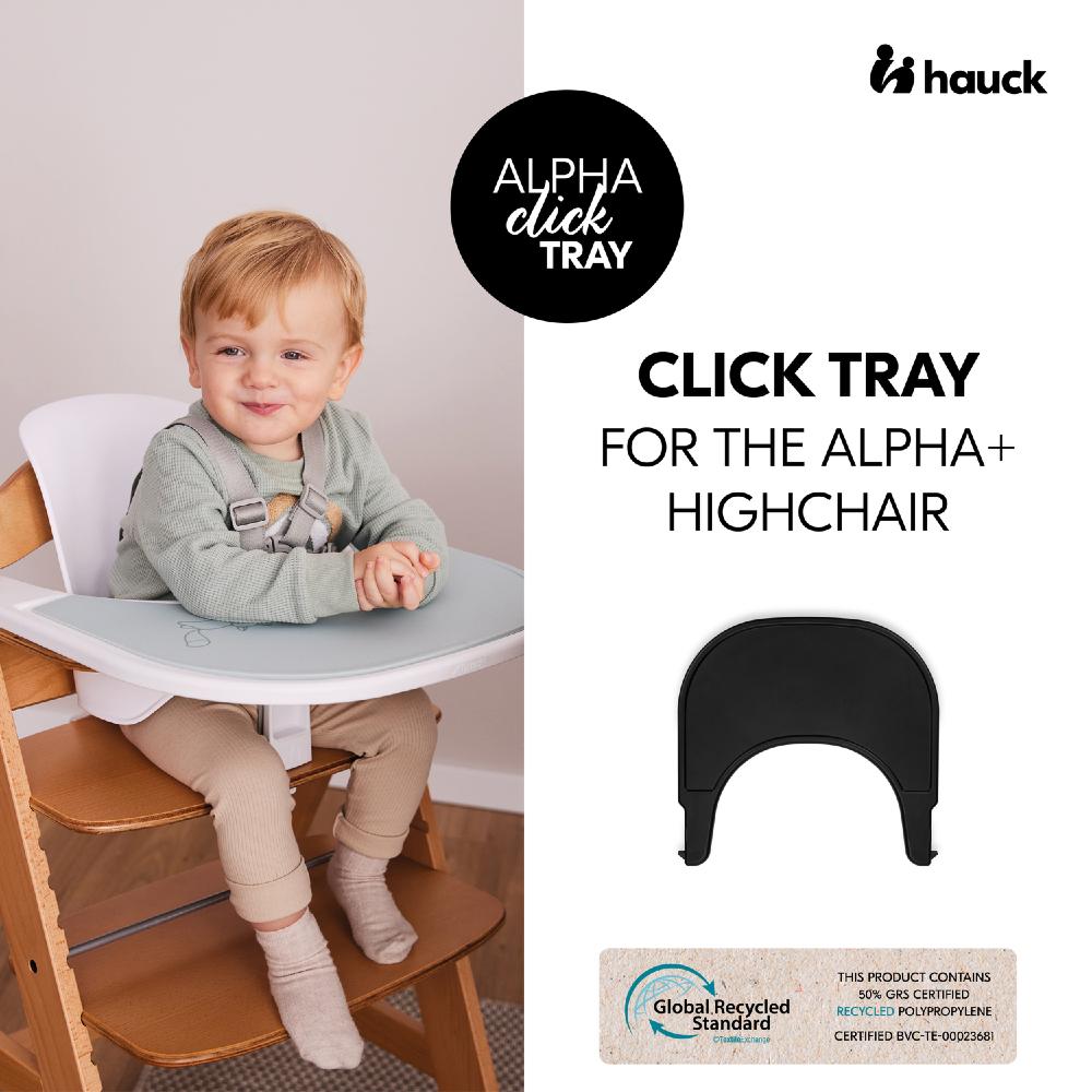 Child sitting in a highchair with Alpha Click Tray product on a white background