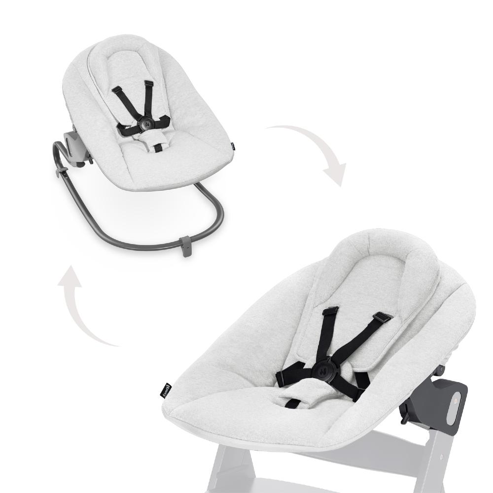 Light Grey Hauck baby bouncer with black straps on a white background