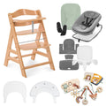 Collage of Hauck Alpha set including a wooden high chair, bouncer, and toys on a white background.