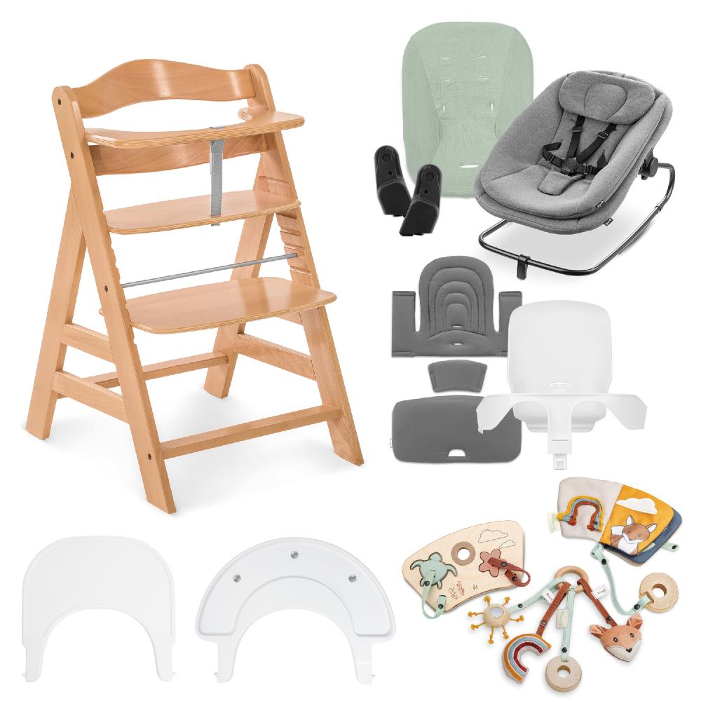 Collage of Hauck Alpha set including a wooden high chair, bouncer, and toys on a white background.