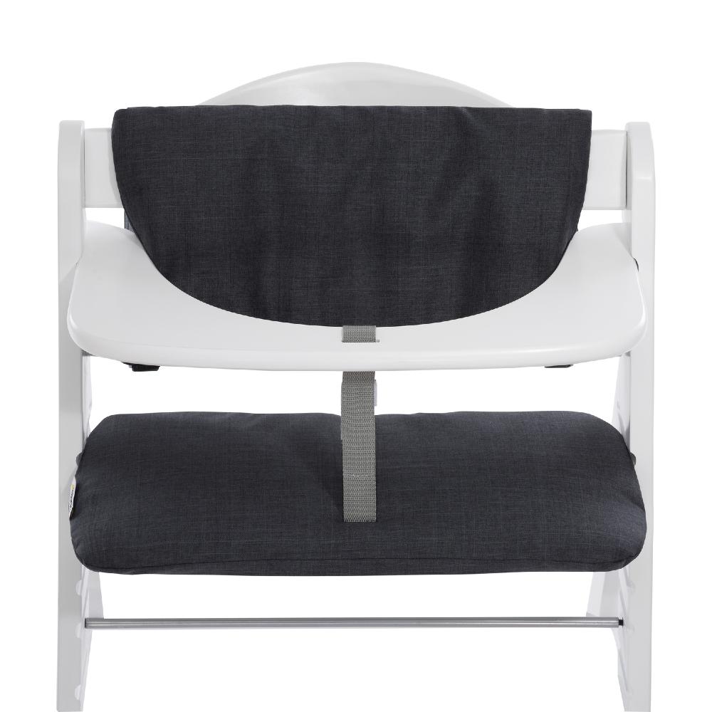 White high chair with black cushion on a white background