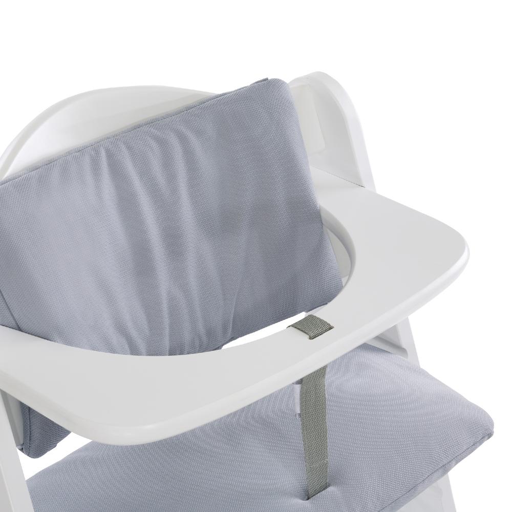 White high chair with grey cushion on a white background