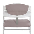 White high chair with beige cushion and straps on a white background