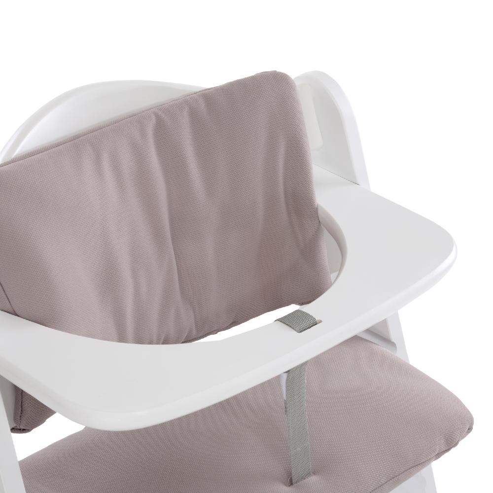 White high chair with a beige cushion on a white background