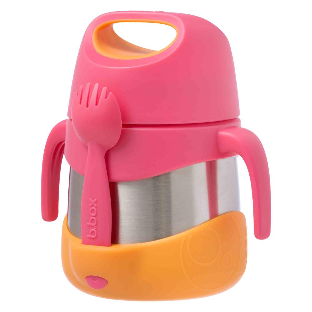 Pink and orange insulated food jar with spoon attachment on a white background