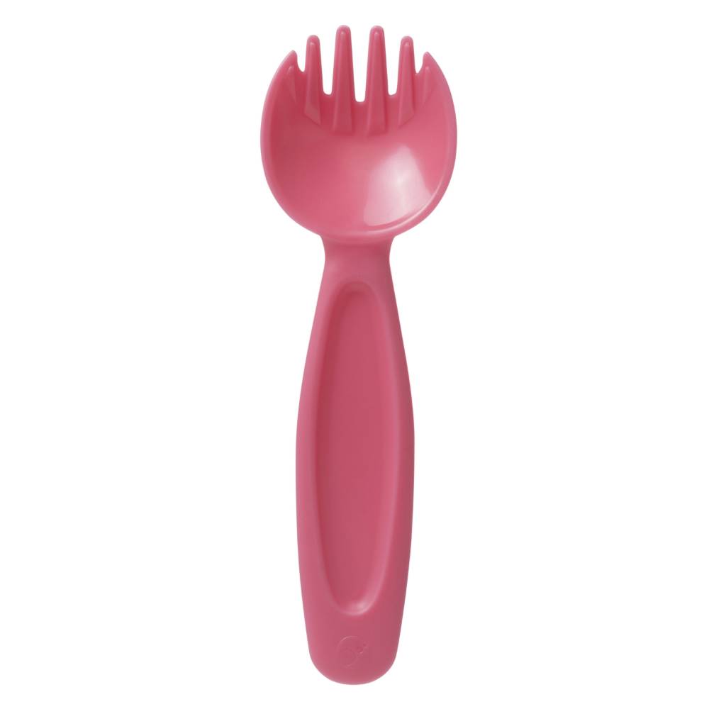 Pink plastic spork on a white background