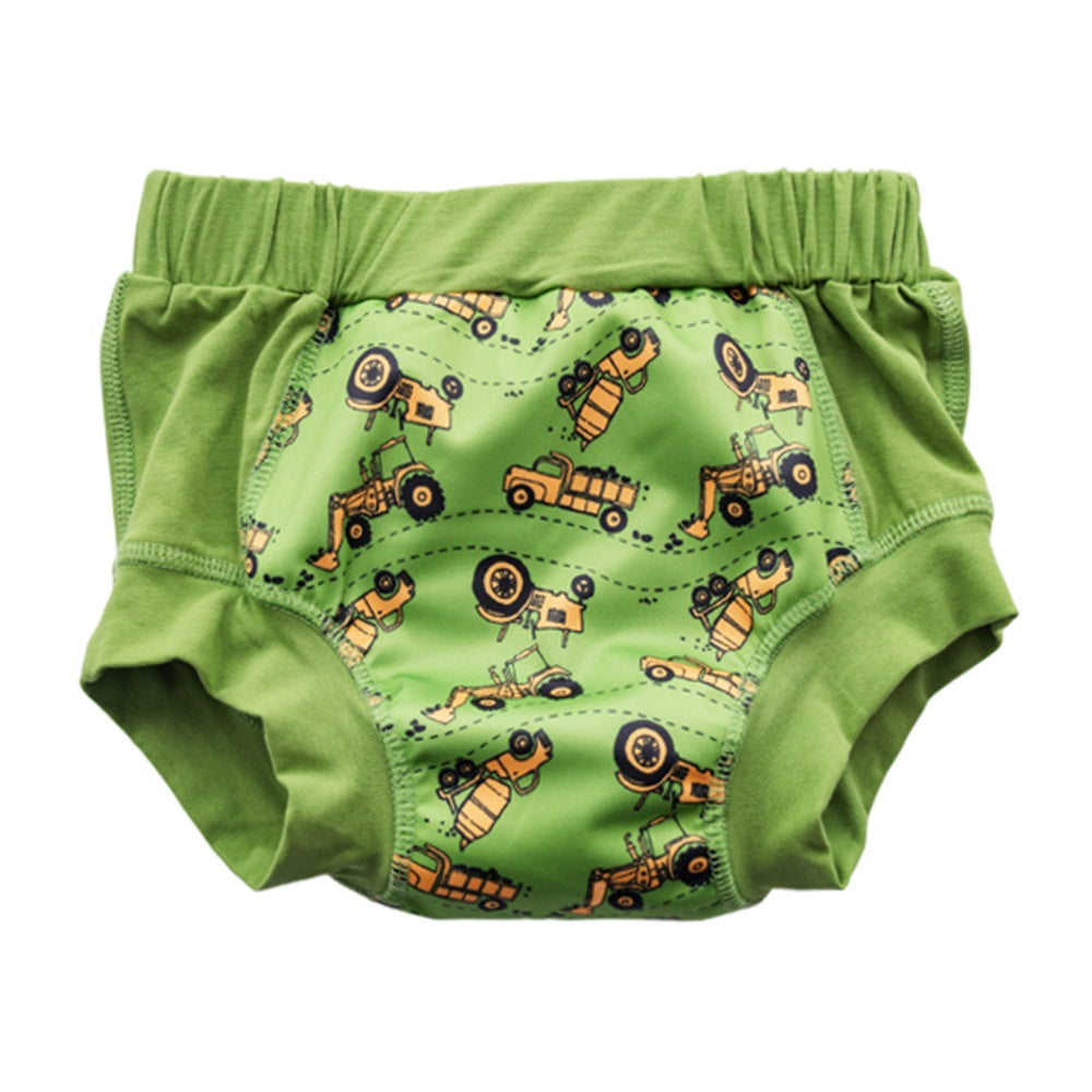 Green training pants with construction vehicle pattern on a white background