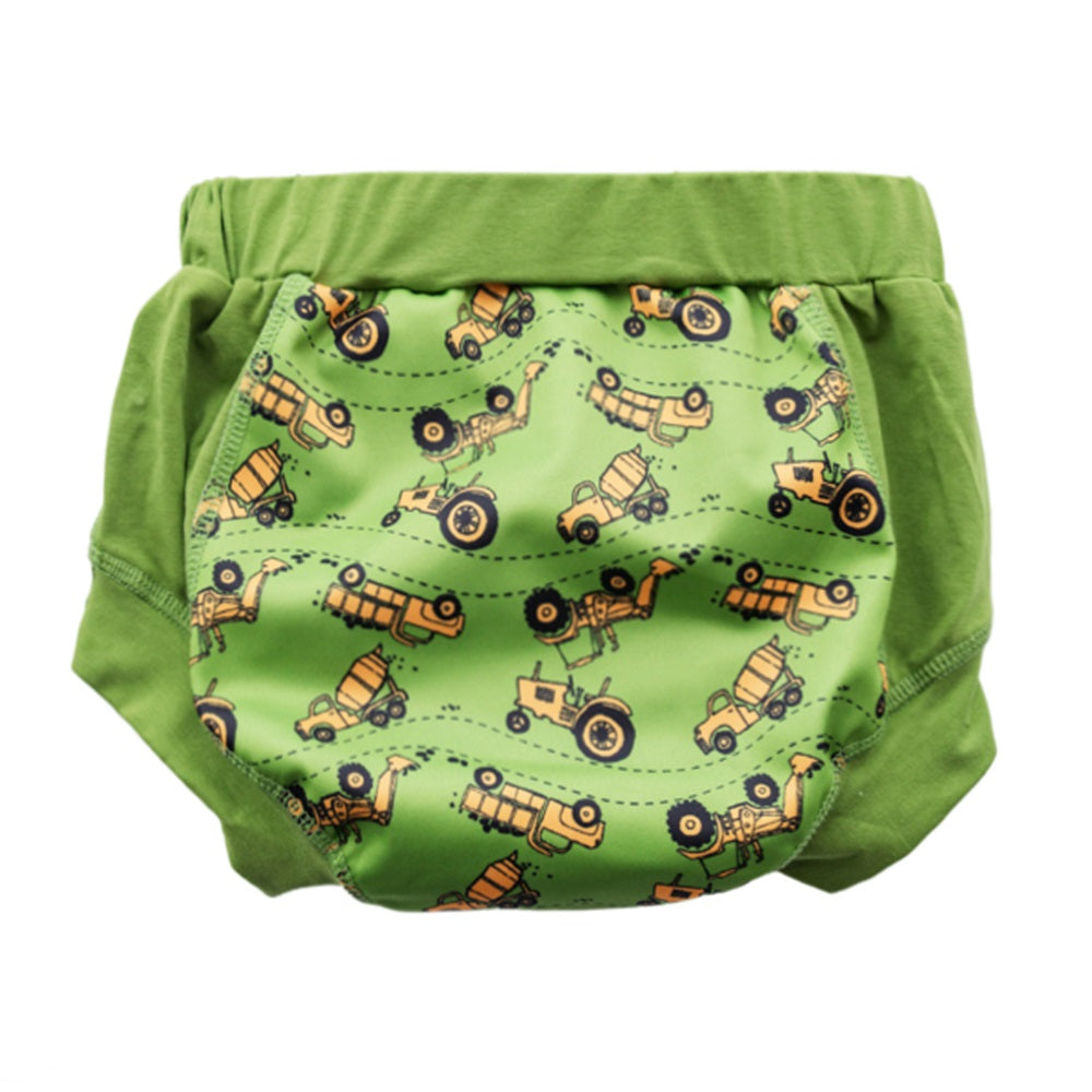 Green training pants with construction vehicle pattern on a white background