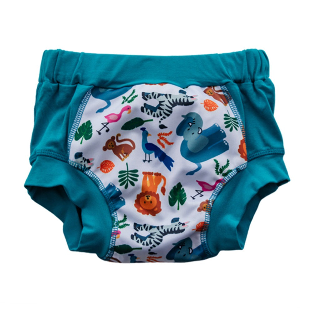 Children's training pants with animal pattern on a white background
