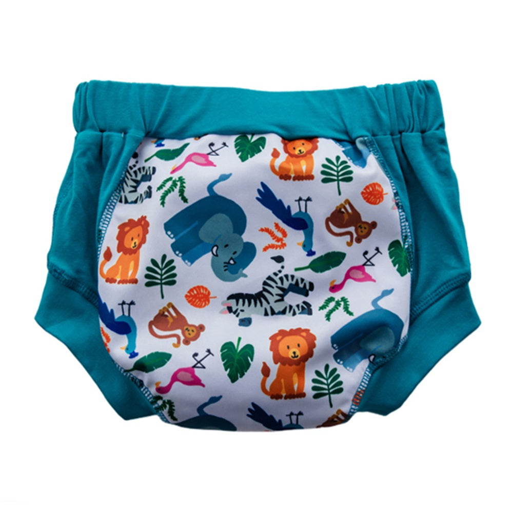 Children's training pants with animal pattern on a white background
