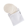 Set of white bamboo reusable breast pads in a clear mesh wash bag on a white background
