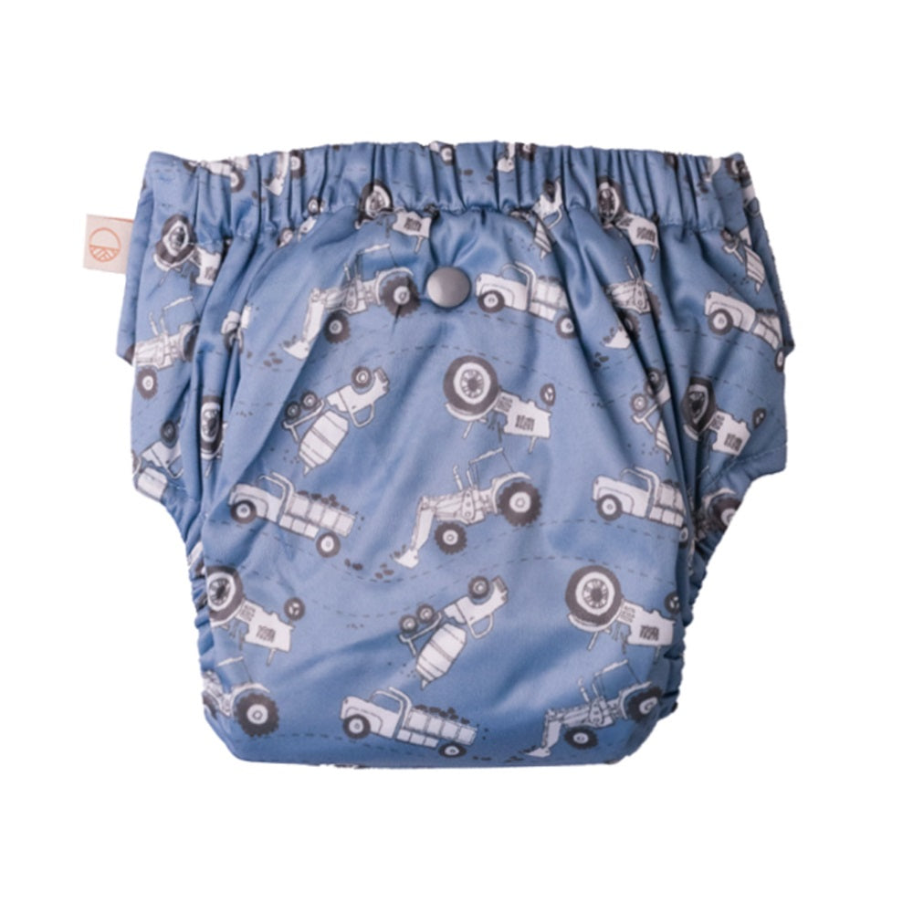 Blue reusable cloth pullp-up with truck pattern on a white background