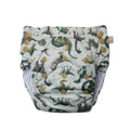 Reusable Nappy pant in dinosaur print with snaps on a white background