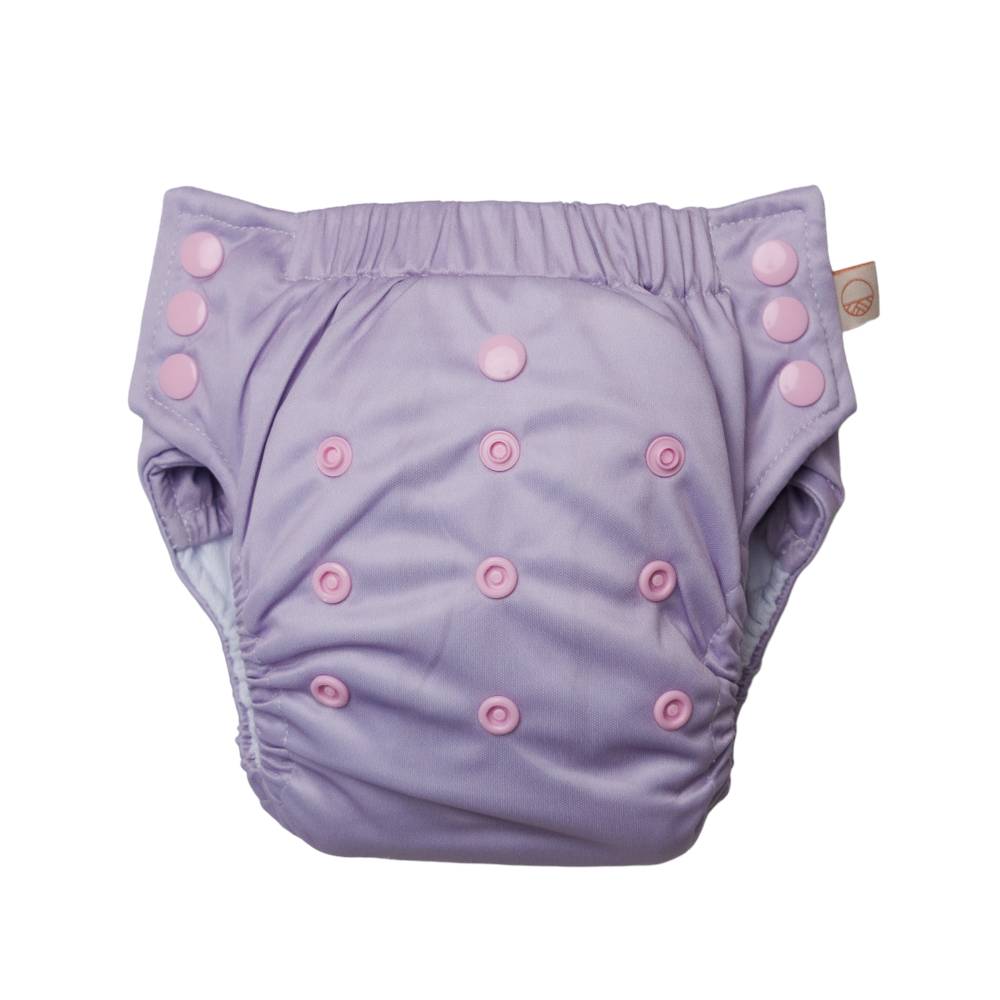 Reusable Nappy pant in purple with snaps on a white background