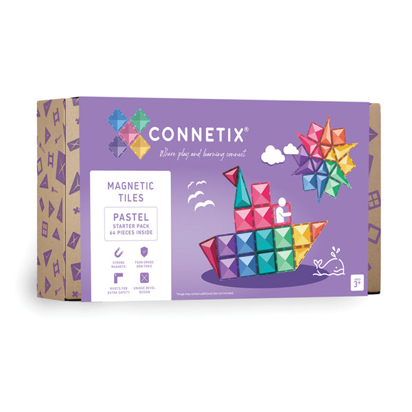 Connetix magnetic tiles packaging with colorful castle design on a purple background