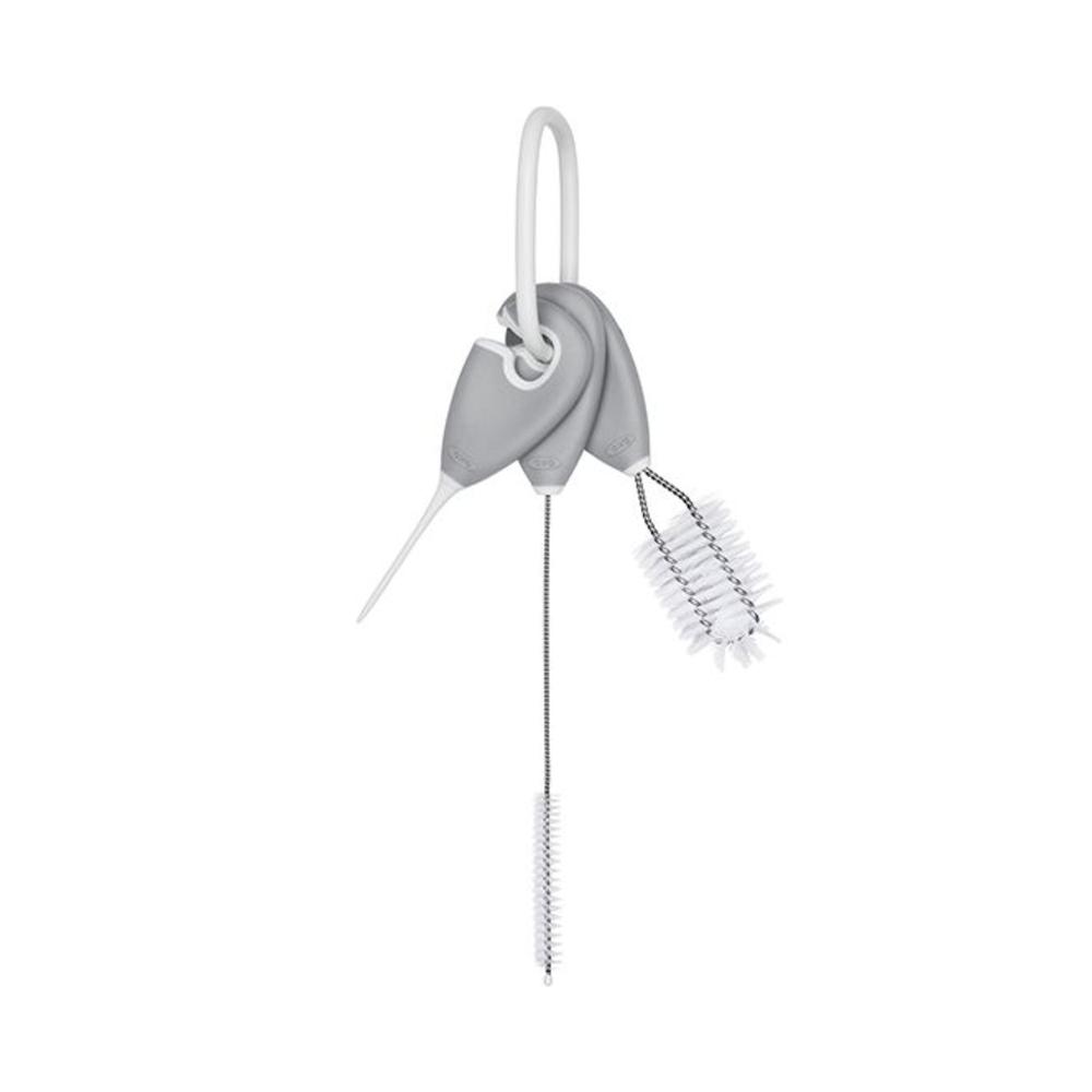 A 3 piece set of sippy cup brushes and cleaning tools on a white background. 