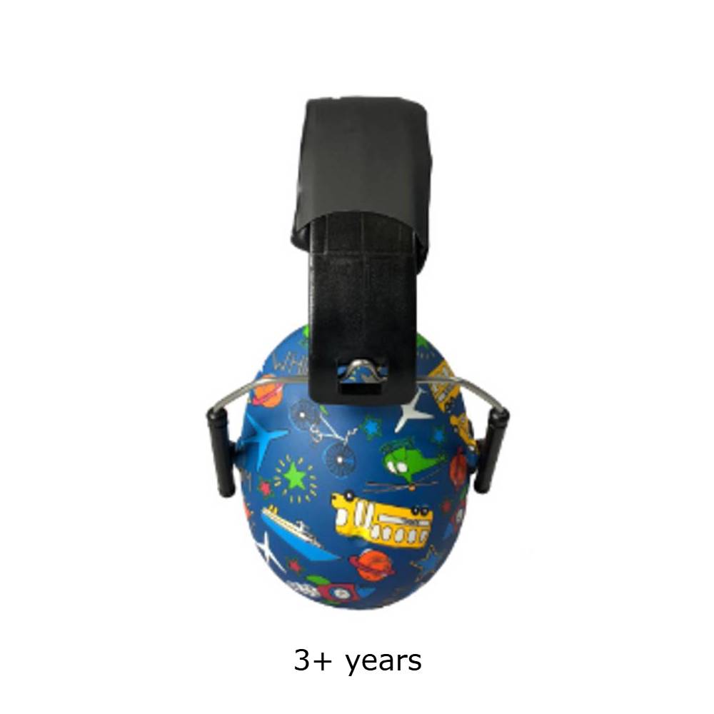 Child safety earmuffs with a blue space-themed print featuring planets, rockets, and astronauts, with a black headband and ear cups, shown on a white background with '3+ years' text below.