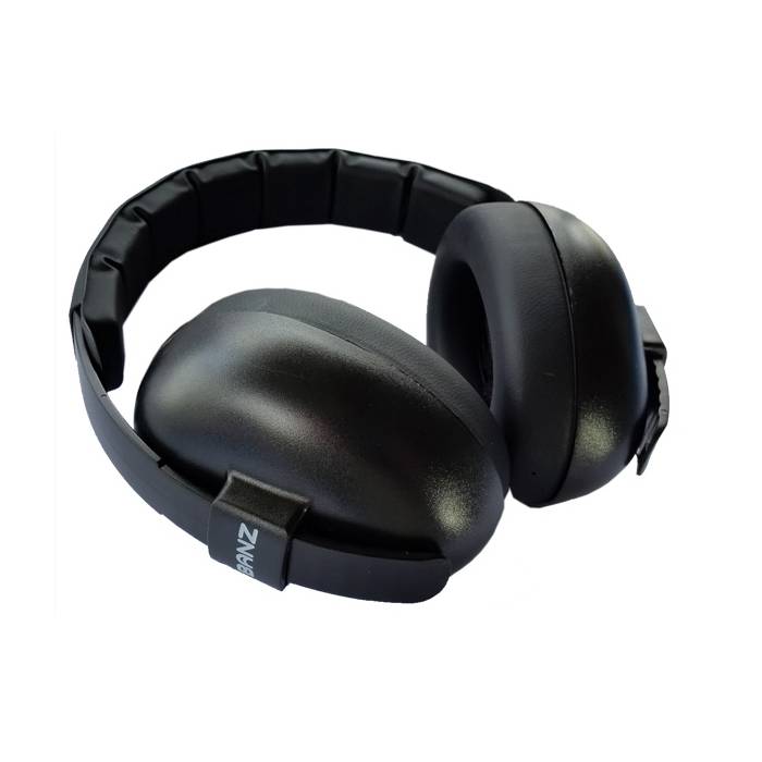 Black over-ear hearing protection earmuffs with padded headband and ear cups, shown on a plain white background.