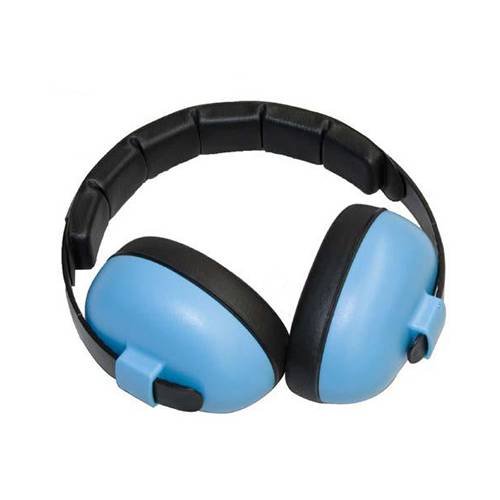 Light blue and black over-ear hearing protection earmuffs on a plain white background.