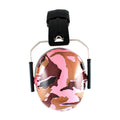 Pink and brown camouflage ear protection on a white background