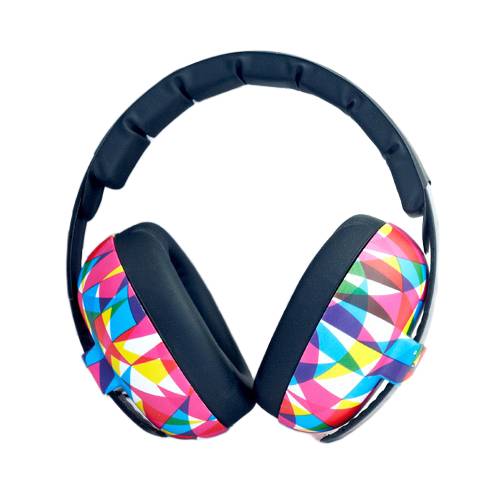 Over-ear headphones with a black padded headband and ear cushions, featuring colorful geometric patterned ear earmuffs in pink, blue, yellow, green, and purple on a white background.