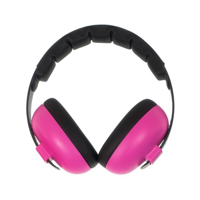 Pink and black over-ear ear muffs on a solid white background.