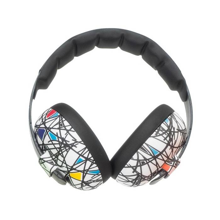Black over-ear headphones with a white, black, blue, red, and yellow scribble pattern on the ear muffs, shown against a plain white background.