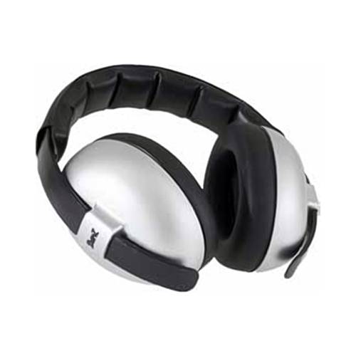 Silver and black over-ear earmuffs on a plain white background.