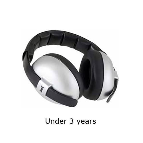 Silver and black over-ear earmuffs with a padded headband, shown on a white background with the text 'Under 3 years' below.
