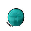 A round teal green textured hard carrying case with a black zipper border and a small black carrying loop, featuring the brand name 'BANZ' embossed on the front, set against a plain white background.