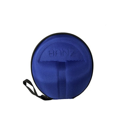 A round blue textured hard carrying case with a black zipper and black wrist strap, featuring the brand name 'BANZ' embossed on the front, set against a plain white background.