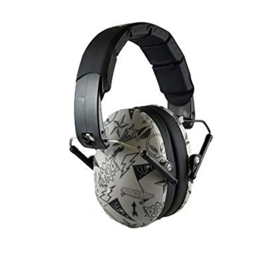 Black and gray ear muffs with graphic design on a white background