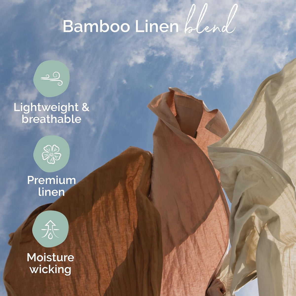 Bamboo linen fabric with text highlighting features against a blue sky background