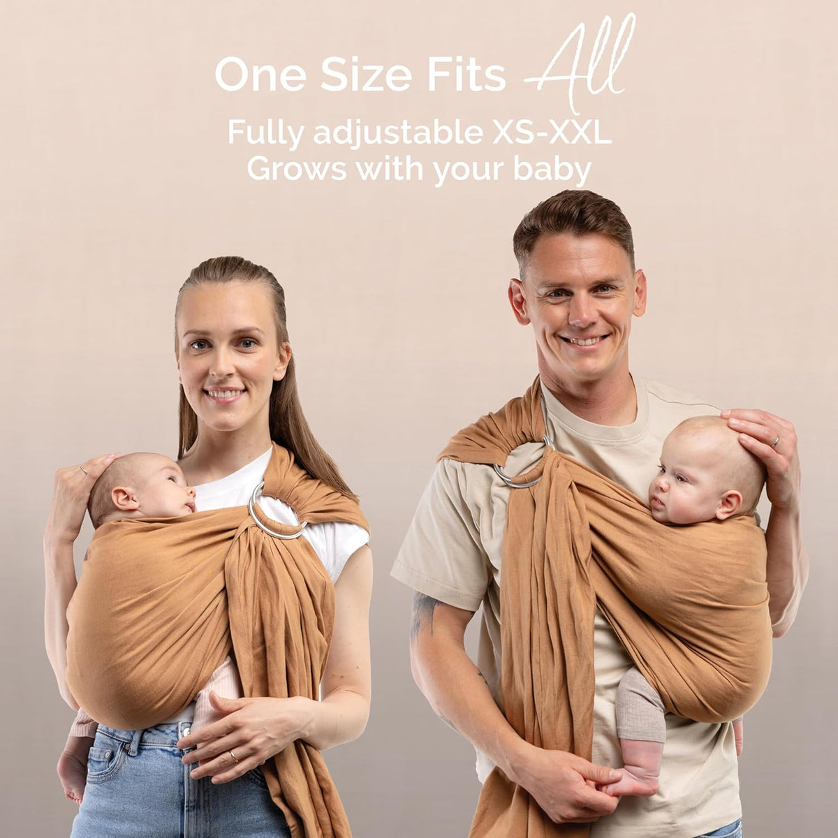 Two people using a baby wrap carrier on a plain background