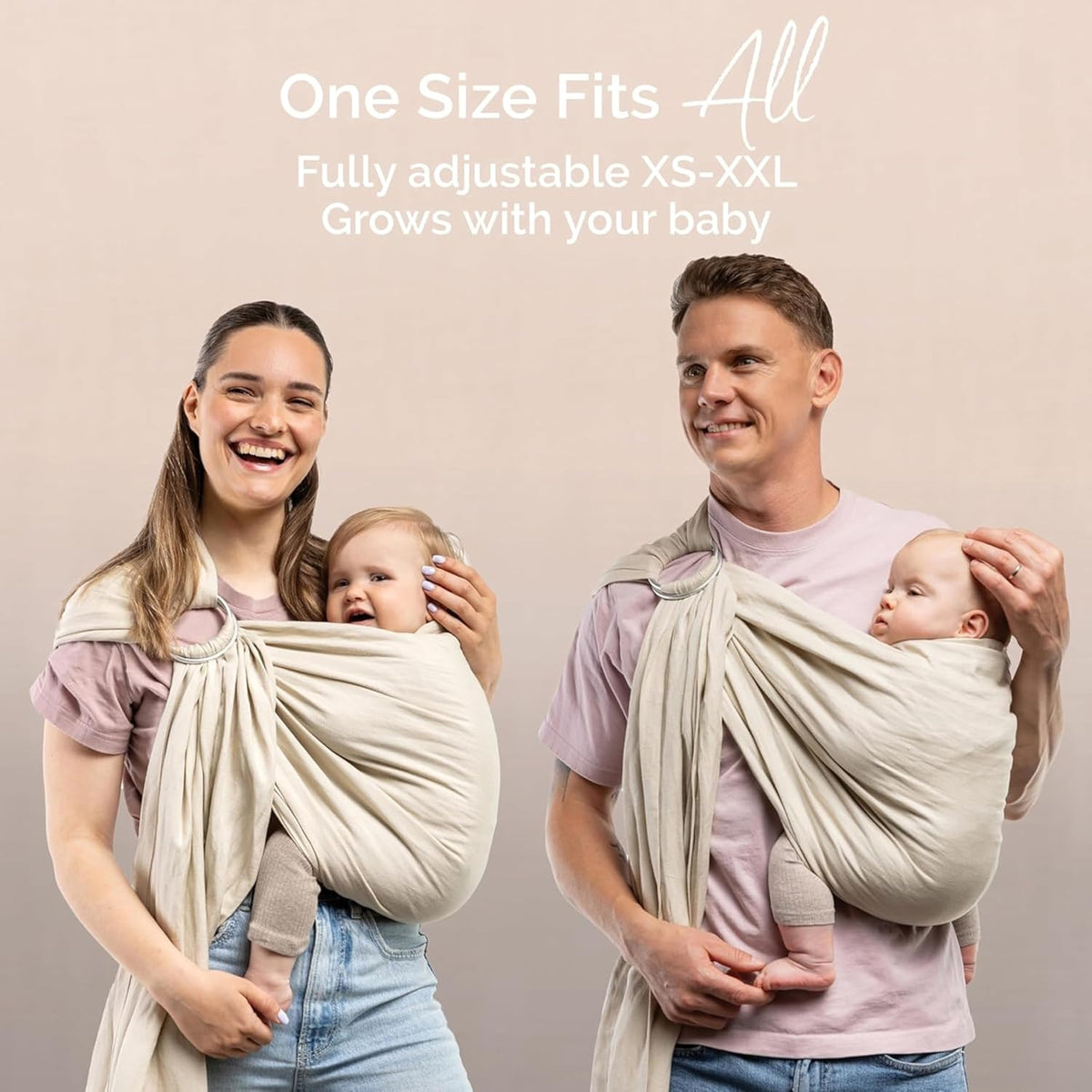 Two people using baby wrap carriers with text indicating size flexibility and adjustability.