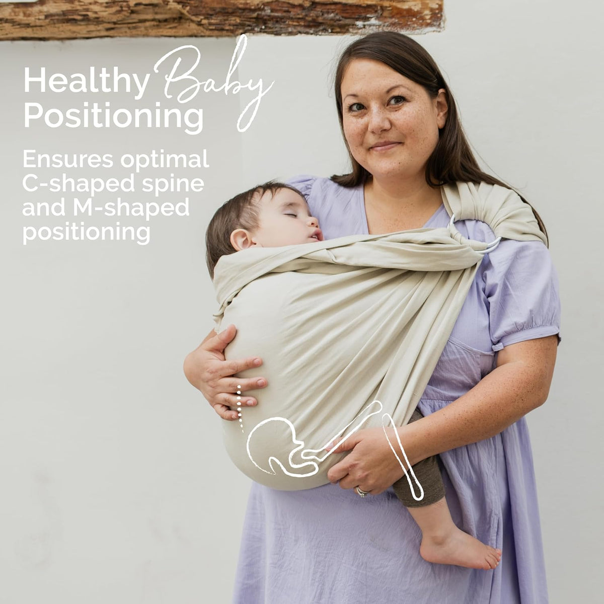 Woman holding a baby in a sling with text about healthy baby positioning.