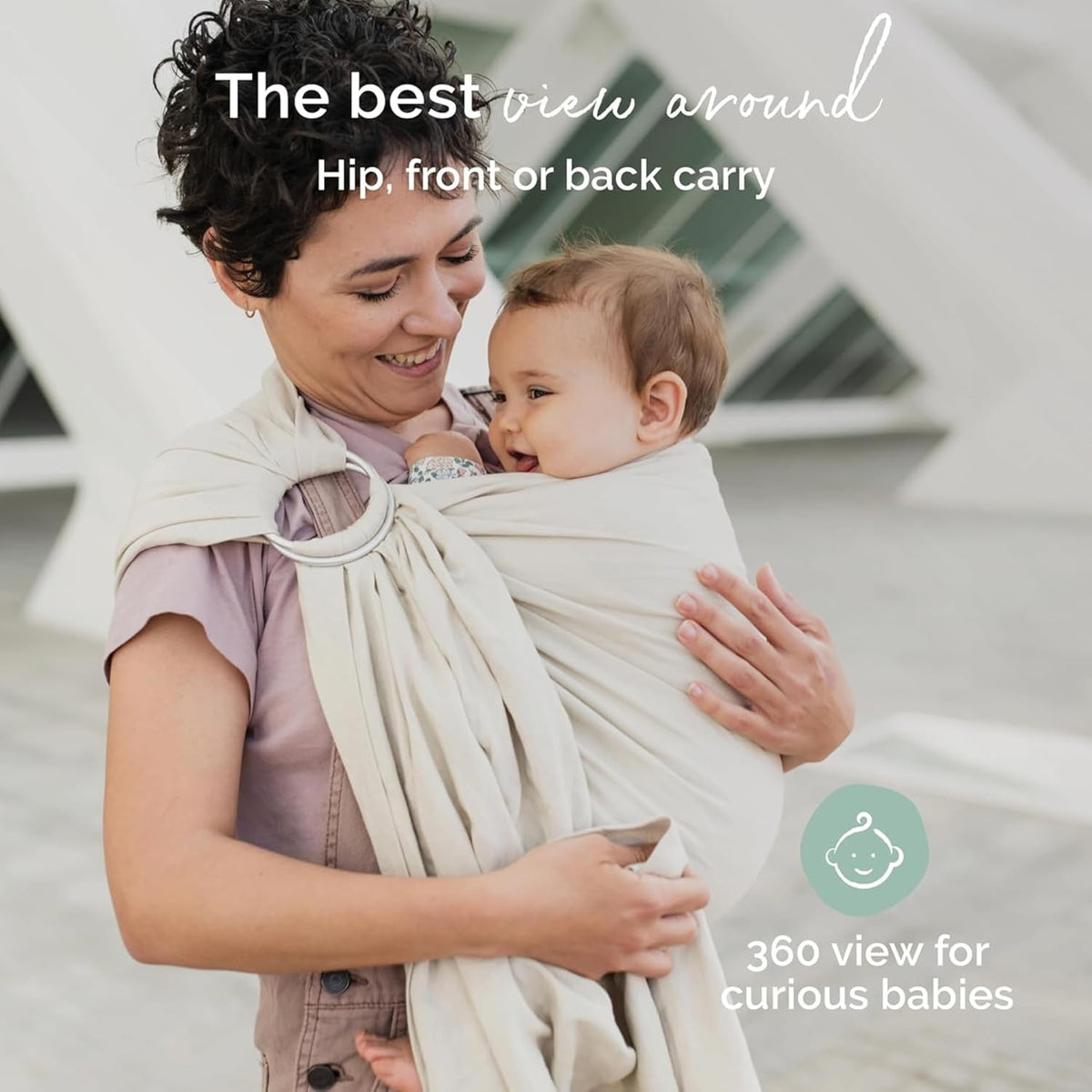 Woman holding a baby in a sling with text about baby carriers.