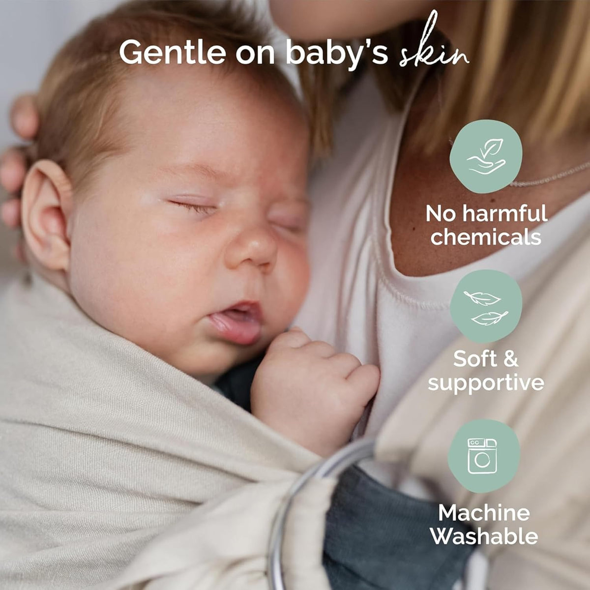 Baby wrapped in a soft carrier with text highlighting product benefits