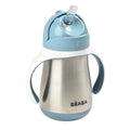 Children's stainless steel sippy cup with blue lid and handle on a white background