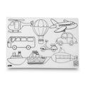 White mat with black line drawings of vehicles against a white background 