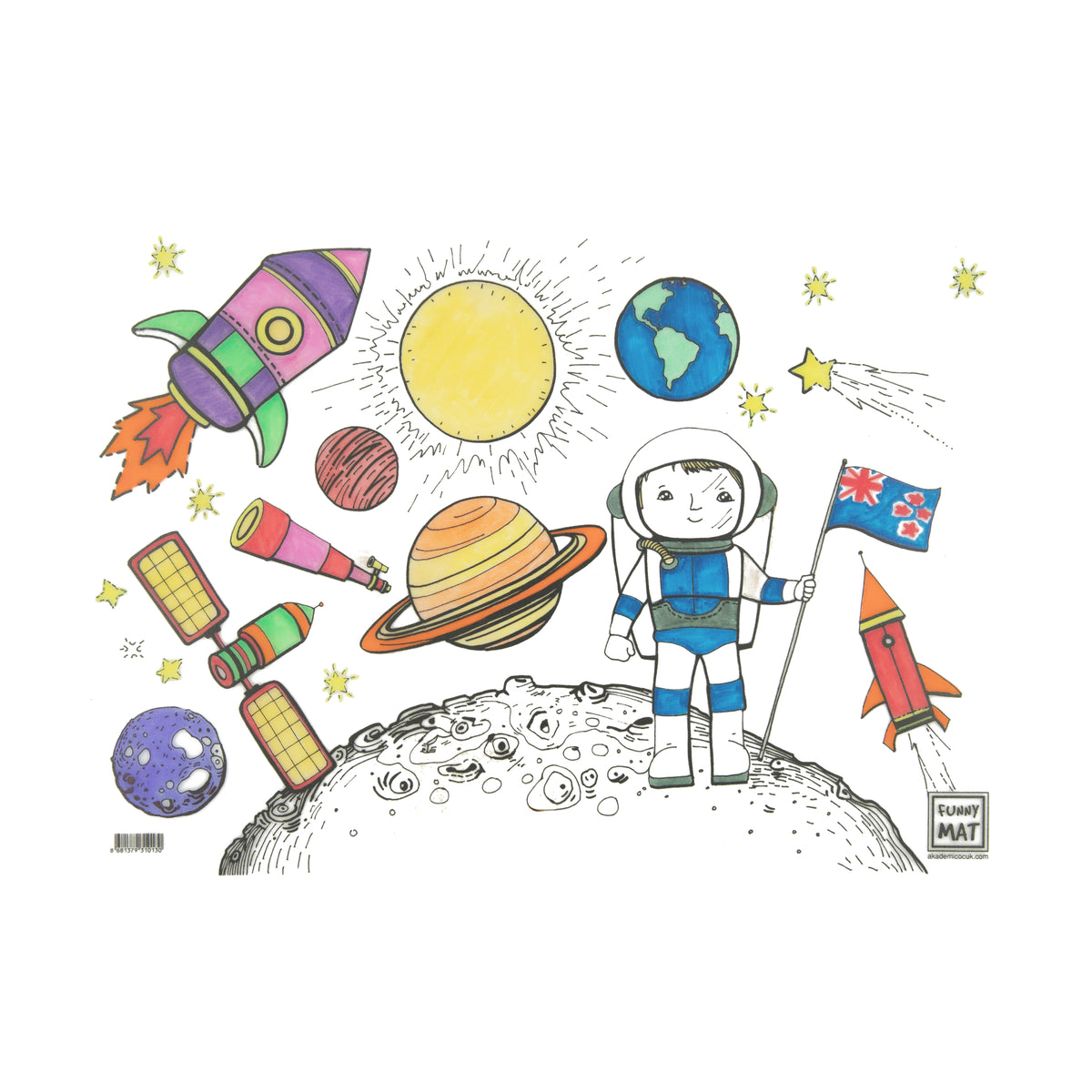 Space theme picture coloured in on a white background 