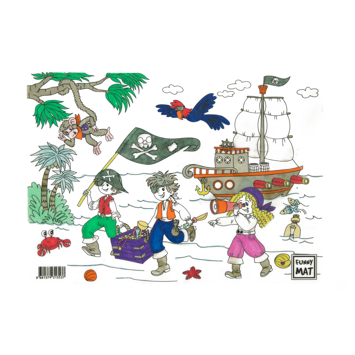 Pirate theme colouring mat on a white background