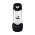 A clear plastic water bottle with a black lid and black silicone base, featuring the 'TEAM ALL BLACKS' New Zealand rugby team logo printed on the front.