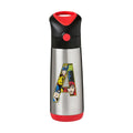 Metallic water bottle with red accents and a colorful 'A' Avengers design on a white background