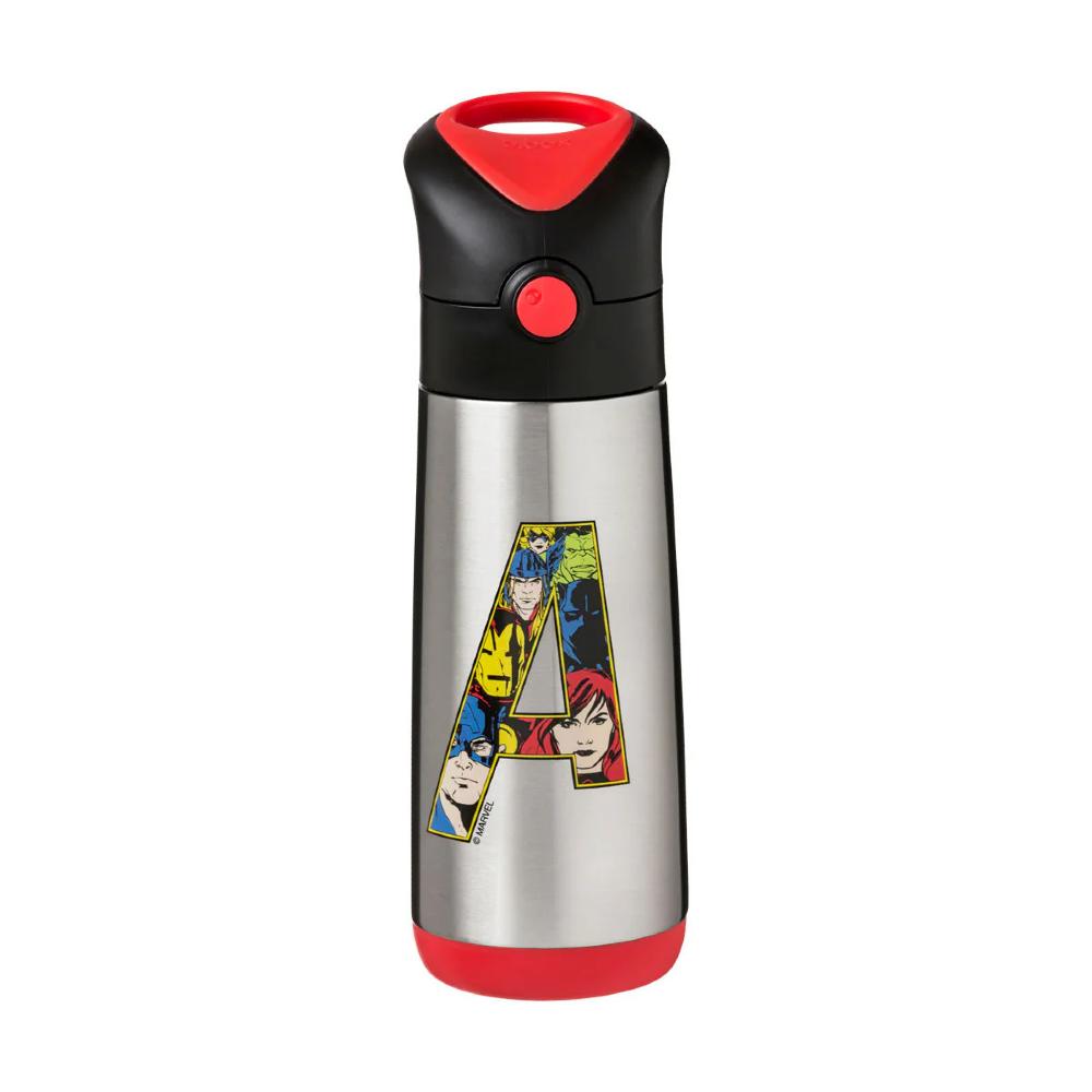 Metallic water bottle with red accents and a colorful 'A' Avengers design on a white background