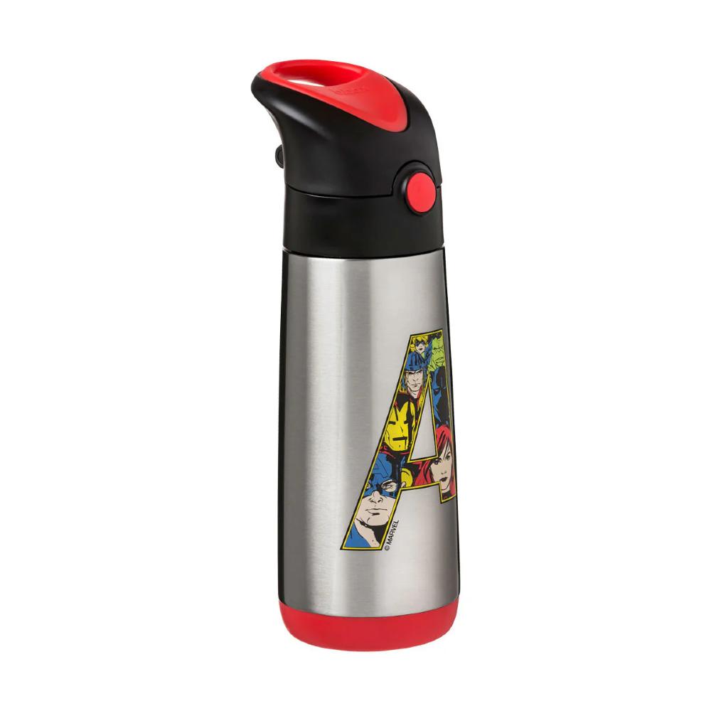 Children's stainless steel water bottle with superhero design on a white background