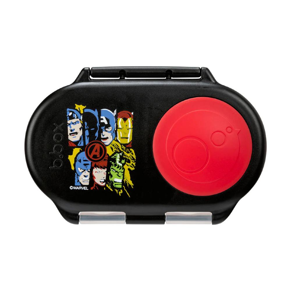 Black snack box with Marvel character designs and a red button on a white background
