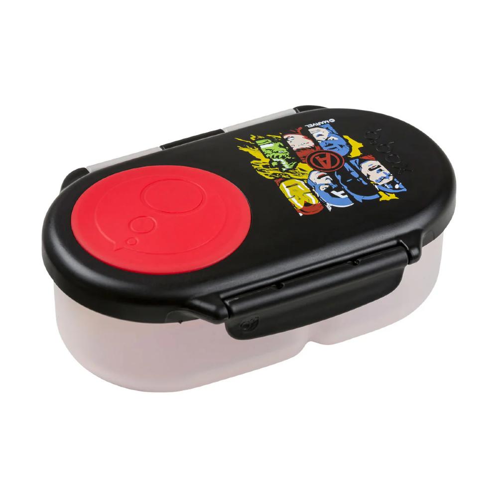 Small container with clip lid and colorful character design on a white background