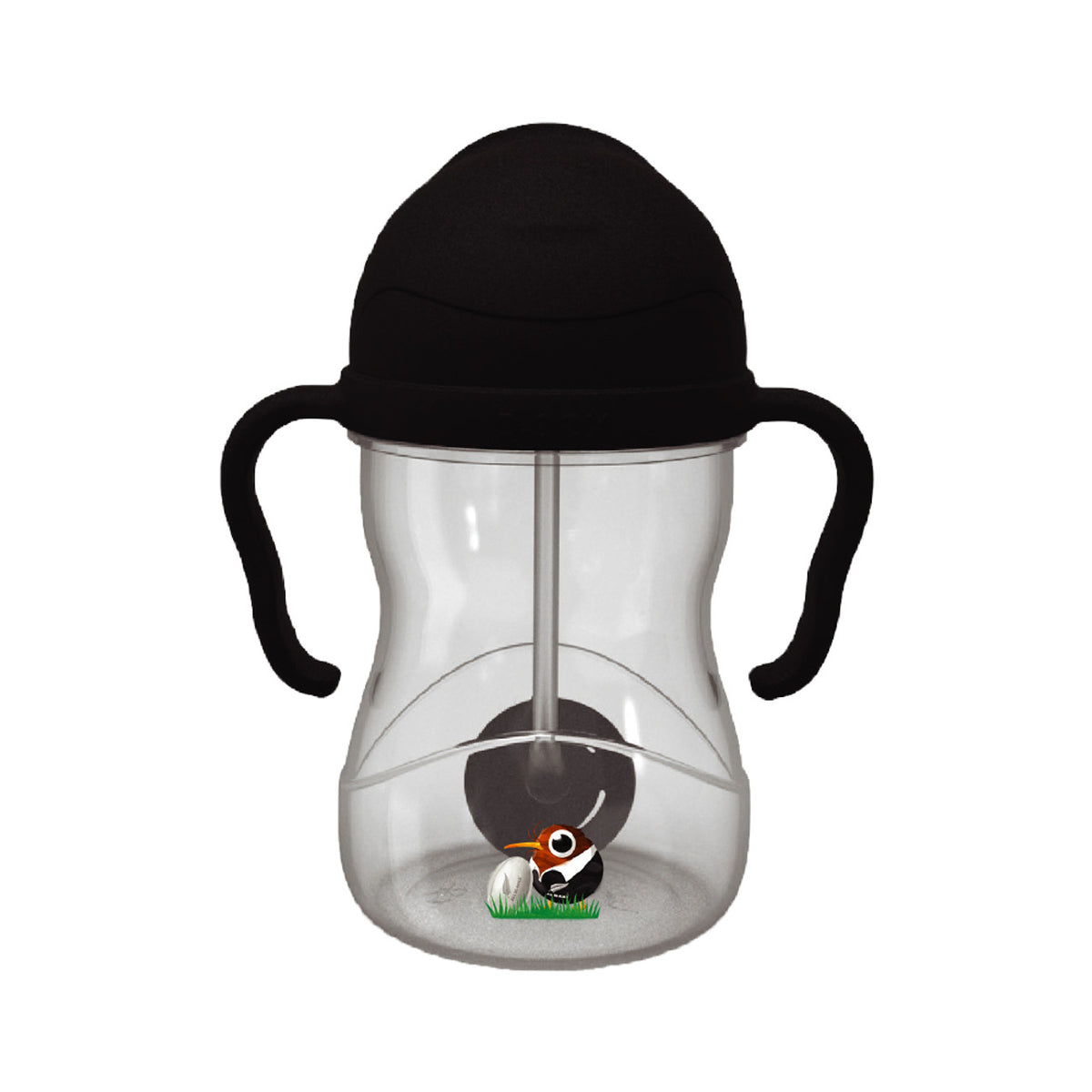 Clear All Blacks themed sippy cup with black lid and handles on a white background