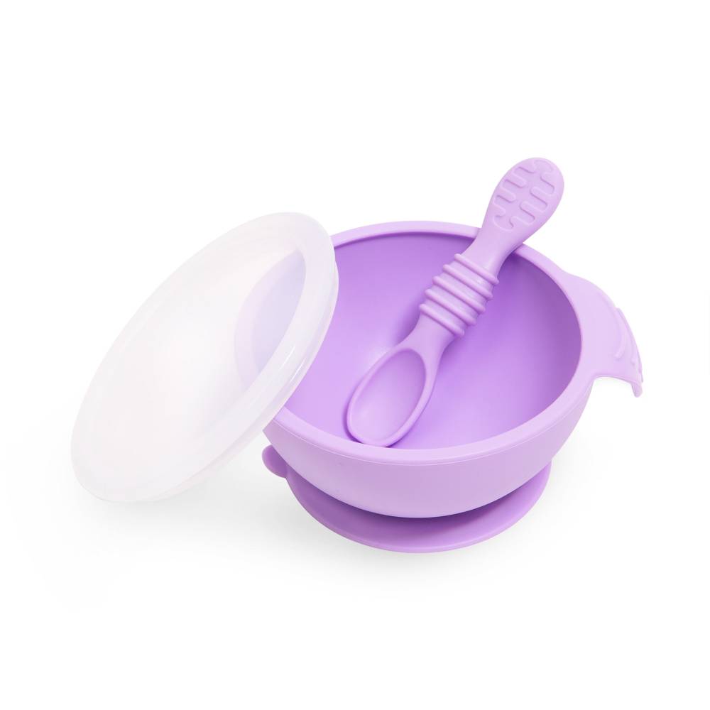 Purple Silicone Feeding Bowl with lid and silicone spoon on a white background